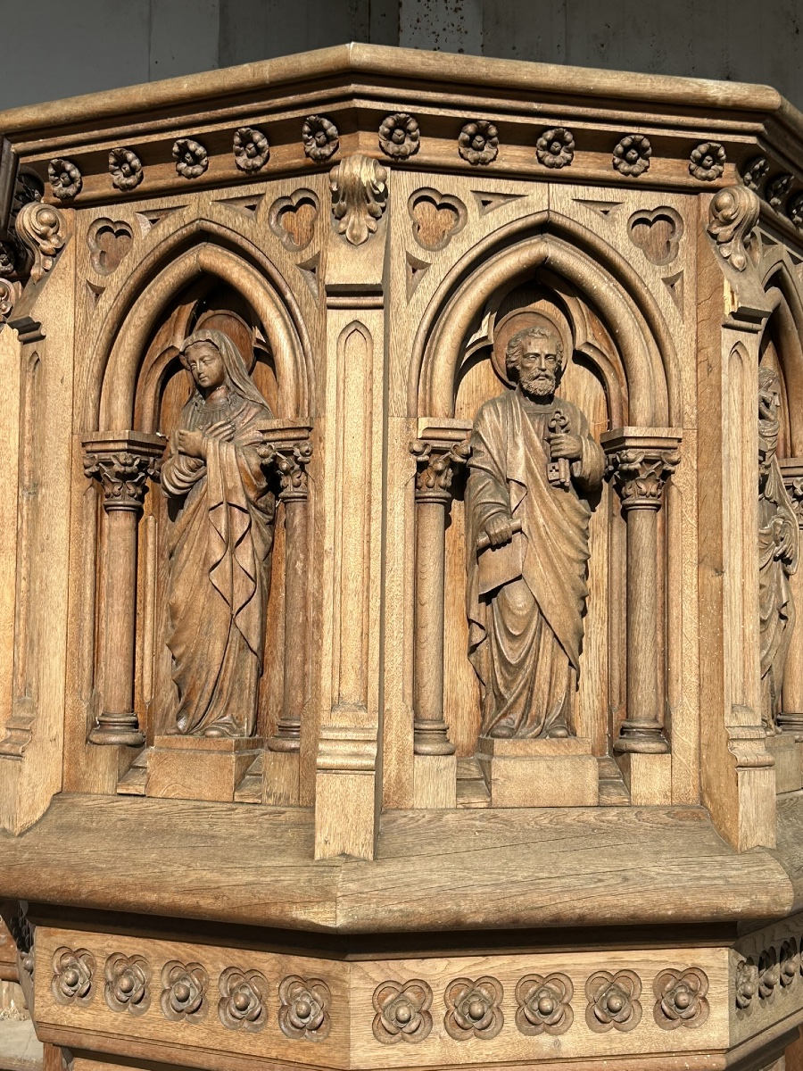 Very Important Oak Church Pulpit Dating From 1900, Neo-gothic Style, Total Height 7.30 M-photo-2