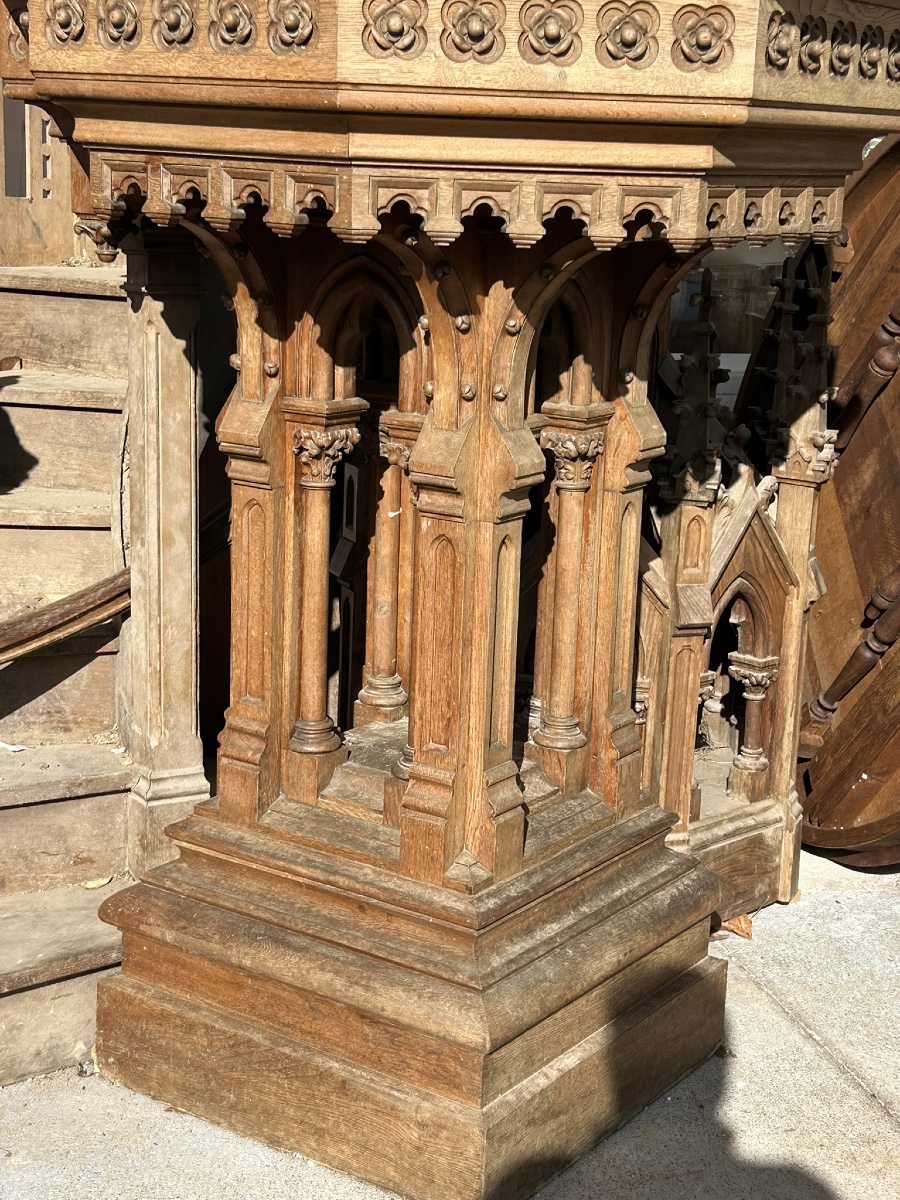 Very Important Oak Church Pulpit Dating From 1900, Neo-gothic Style, Total Height 7.30 M-photo-3