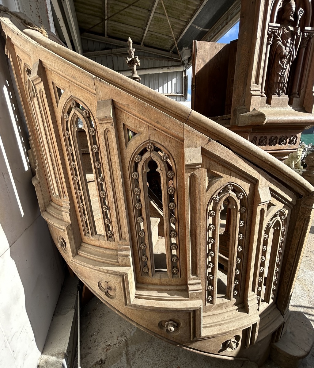 Very Important Oak Church Pulpit Dating From 1900, Neo-gothic Style, Total Height 7.30 M-photo-1