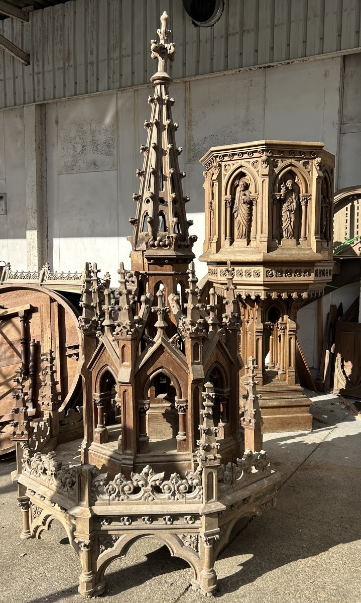 Very Important Oak Church Pulpit Dating From 1900, Neo-gothic Style, Total Height 7.30 M-photo-2