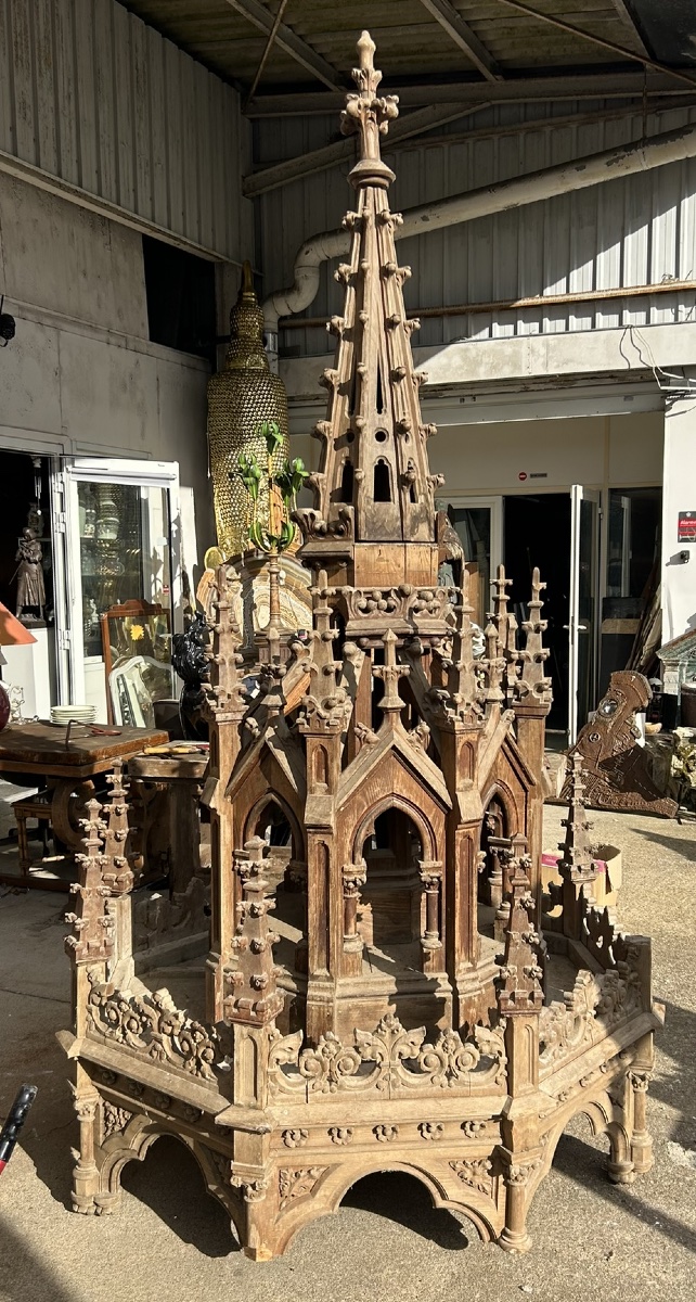 Very Important Oak Church Pulpit Dating From 1900, Neo-gothic Style, Total Height 7.30 M-photo-3