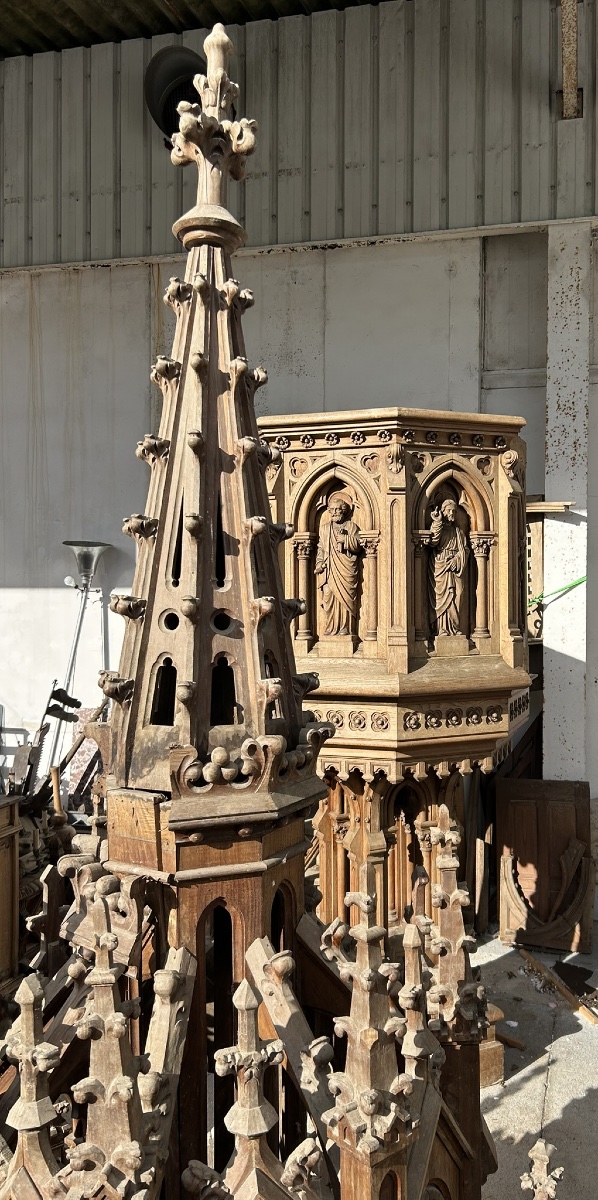 Very Important Oak Church Pulpit Dating From 1900, Neo-gothic Style, Total Height 7.30 M-photo-4