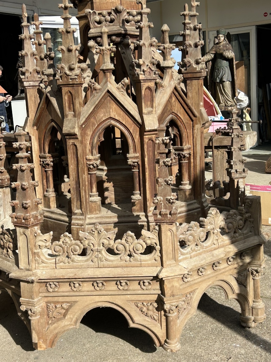 Very Important Oak Church Pulpit Dating From 1900, Neo-gothic Style, Total Height 7.30 M-photo-5