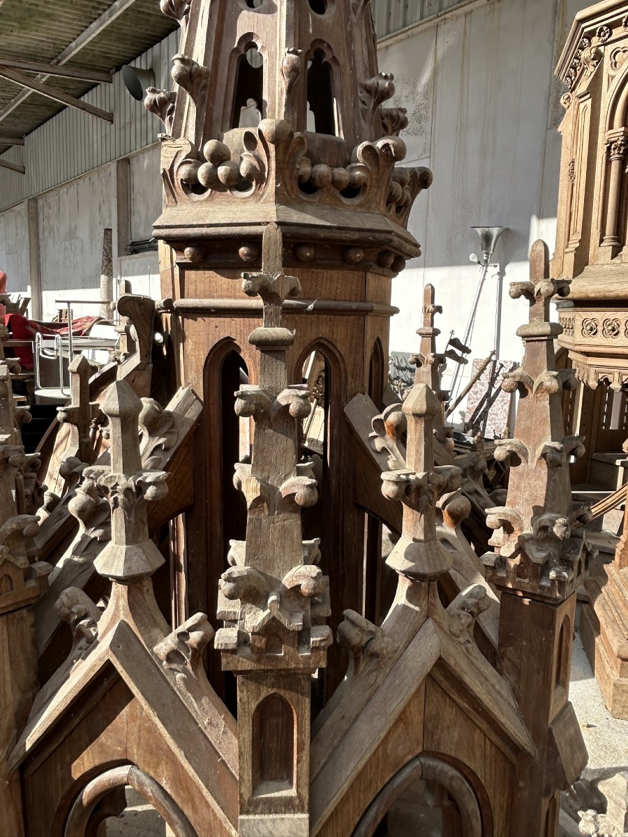 Very Important Oak Church Pulpit Dating From 1900, Neo-gothic Style, Total Height 7.30 M-photo-6