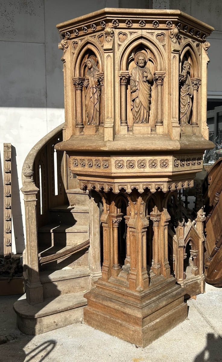 Very Important Oak Church Pulpit Dating From 1900, Neo-gothic Style, Total Height 7.30 M