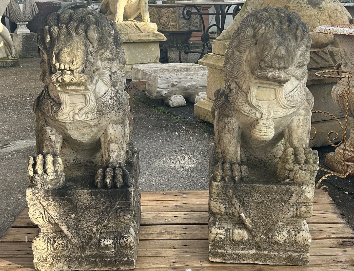 Pair Of Marble Foo Dogs, China, 19th Century - Chinese Foo Dogs -photo-2