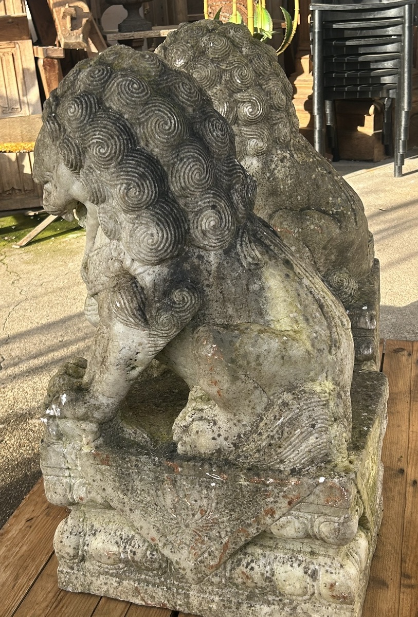 Pair Of Marble Foo Dogs, China, 19th Century - Chinese Foo Dogs -photo-3