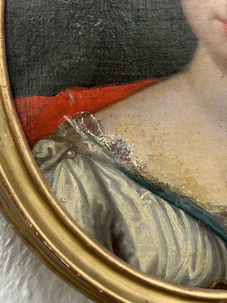 Oval Portrait Of A Woman From The 18th Century, Painting On Canvas Mounted On Cardboard -photo-3