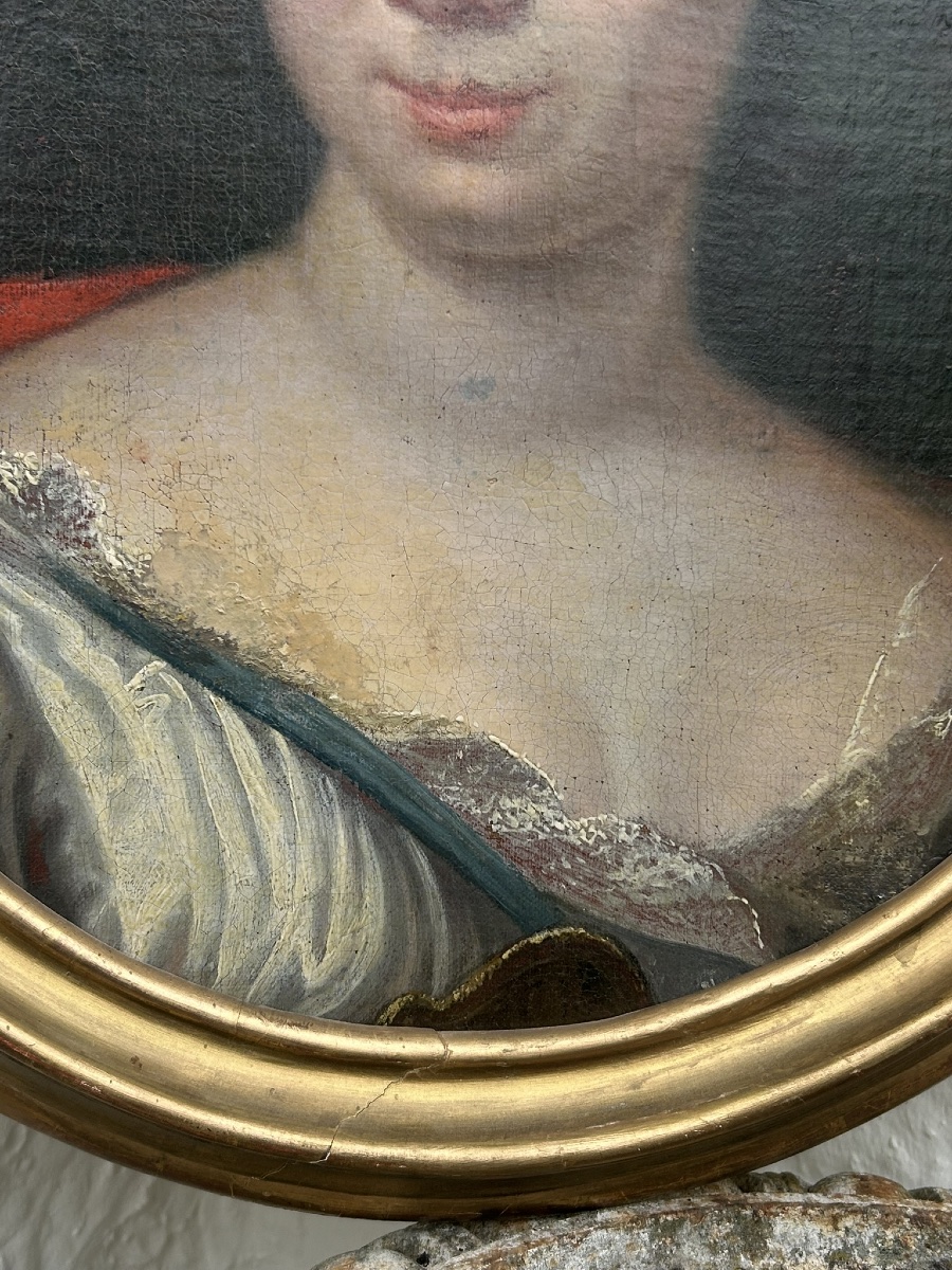 Oval Portrait Of A Woman From The 18th Century, Painting On Canvas Mounted On Cardboard -photo-2