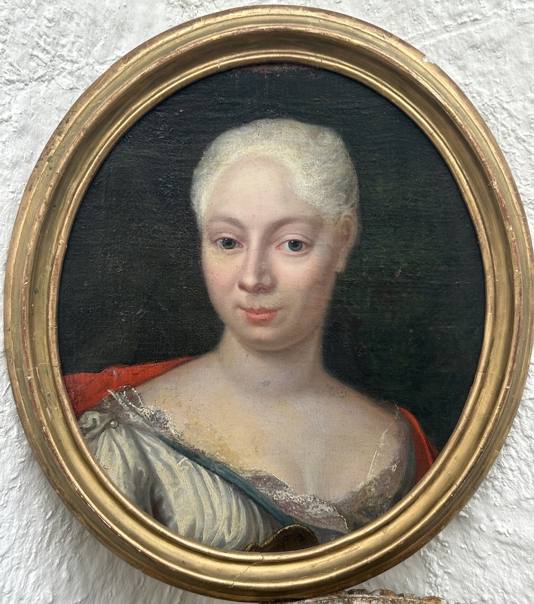 Oval Portrait Of A Woman From The 18th Century, Painting On Canvas Mounted On Cardboard 