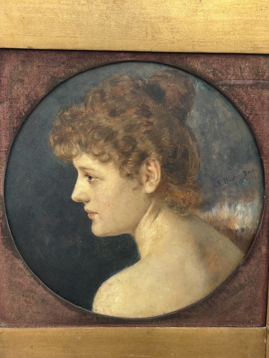 Noster Ludwig (1859-1910) Portrait Of A Woman In Profile, Painting On Wood, Signed And Dated 1892 -photo-2
