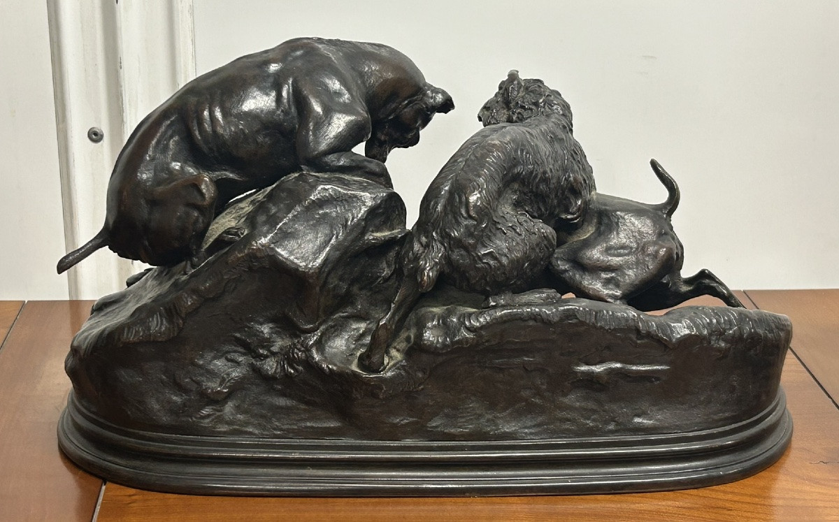 Pierre Jules Mène (1810-1879) chiens au terrier - sculpture en bronze d’époque XIXéme - chasse -photo-1
