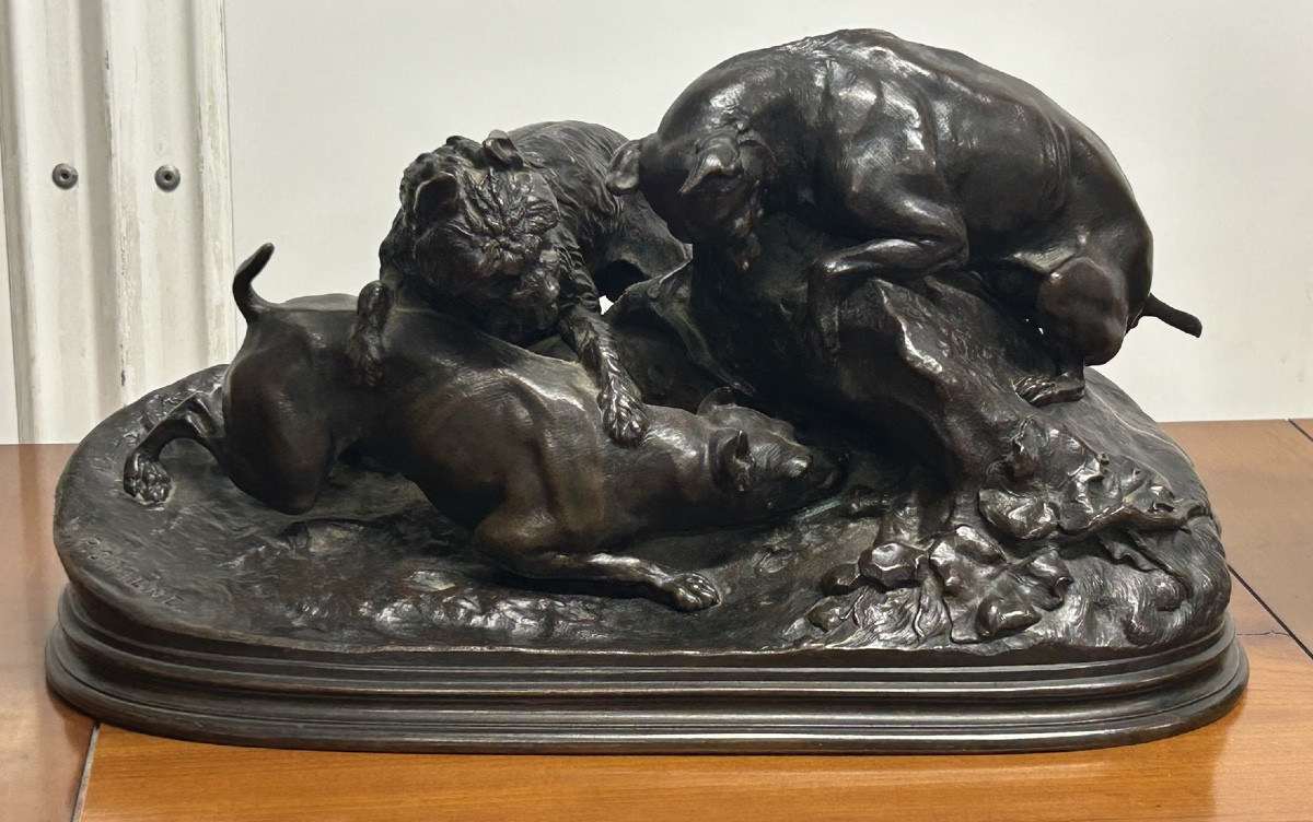 Pierre Jules Mène (1810-1879) chiens au terrier - sculpture en bronze d’époque XIXéme - chasse 