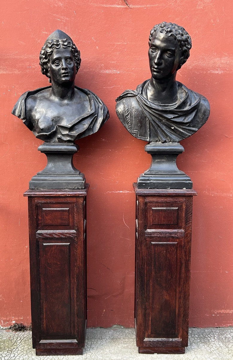 Important Pair Of Antique-style Plaster Busts, 18th Century - Roman Bust, Italy, H 90 Cm-photo-2