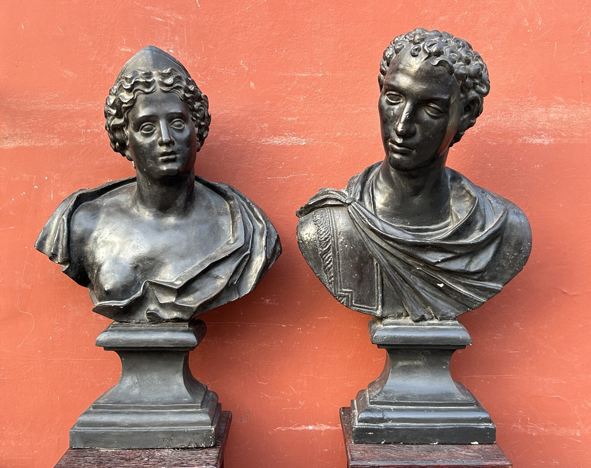 Important Pair Of Antique-style Plaster Busts, 18th Century - Roman Bust, Italy, H 90 Cm