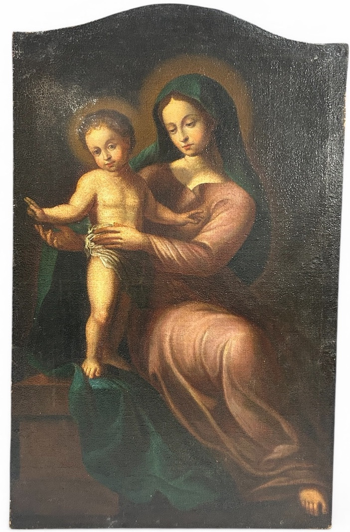 Vierge à l’enfant - huile sur toile d’époque XVIIIème siècle - peinture religieuse H 106 cm-photo-2