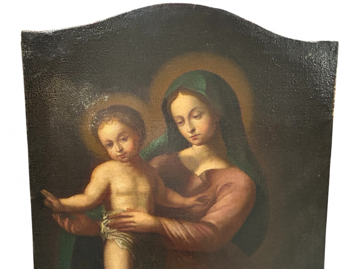 Vierge à l’enfant - huile sur toile d’époque XVIIIème siècle - peinture religieuse H 106 cm-photo-3