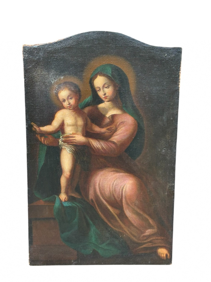 Vierge à l’enfant - huile sur toile d’époque XVIIIème siècle - peinture religieuse H 106 cm-photo-4