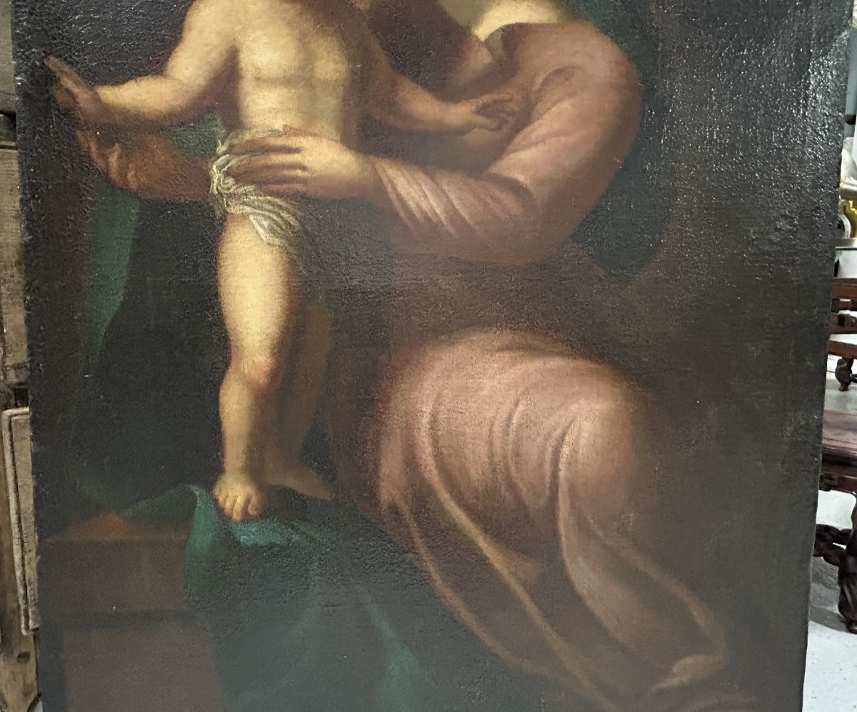 Vierge à l’enfant - huile sur toile d’époque XVIIIème siècle - peinture religieuse H 106 cm-photo-4
