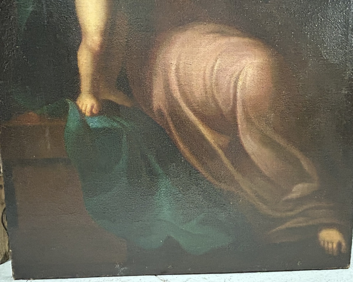 Vierge à l’enfant - huile sur toile d’époque XVIIIème siècle - peinture religieuse H 106 cm-photo-5