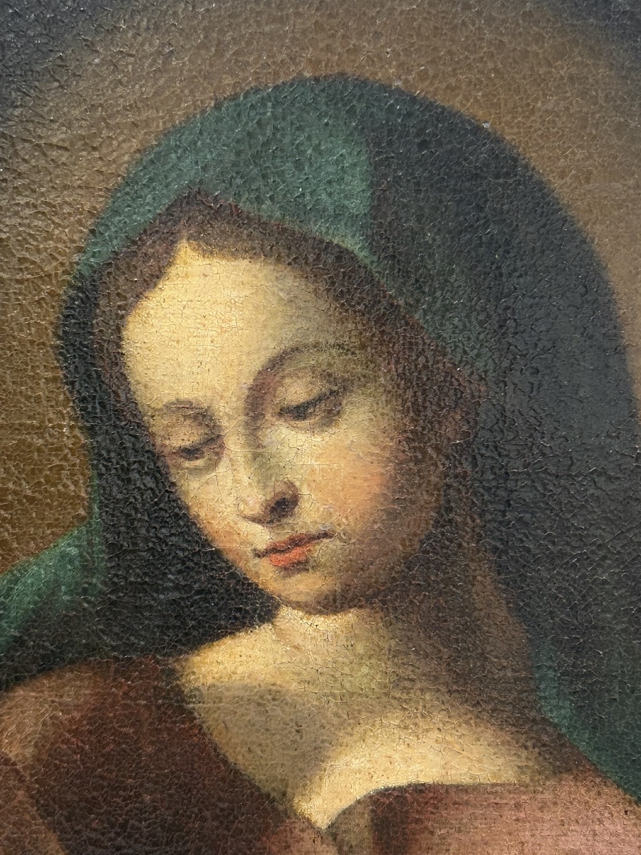 Vierge à l’enfant - huile sur toile d’époque XVIIIème siècle - peinture religieuse H 106 cm-photo-6