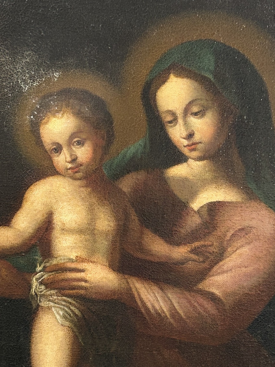 Vierge à l’enfant - huile sur toile d’époque XVIIIème siècle - peinture religieuse H 106 cm-photo-8
