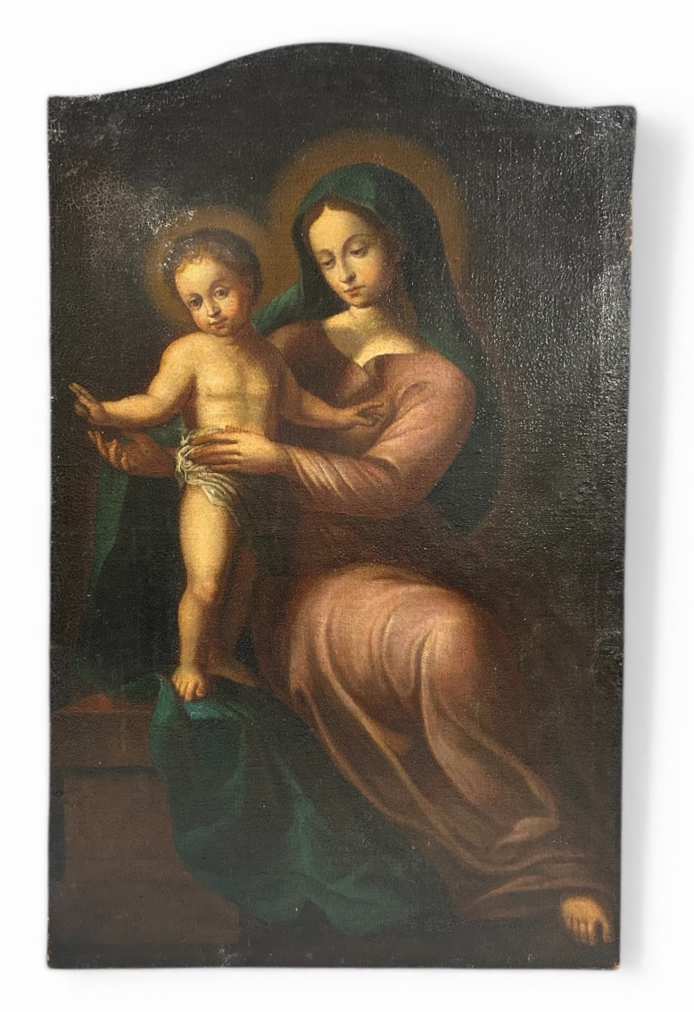 Vierge à l’enfant - huile sur toile d’époque XVIIIème siècle - peinture religieuse H 106 cm