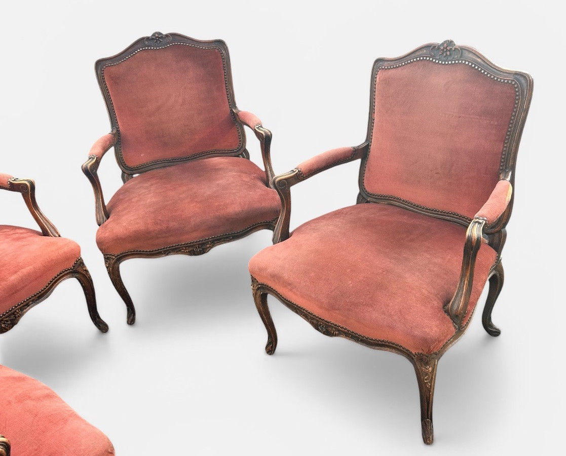 Suite Of Four Louis XV Style Flat-back Armchairs, Carved And Pegged Beech, Late 19th Century-photo-2