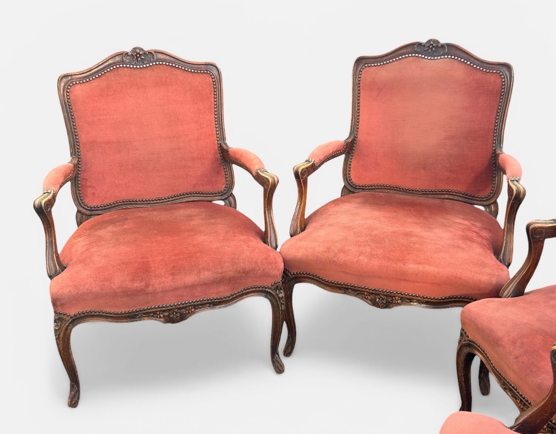Suite Of Four Louis XV Style Flat-back Armchairs, Carved And Pegged Beech, Late 19th Century-photo-3