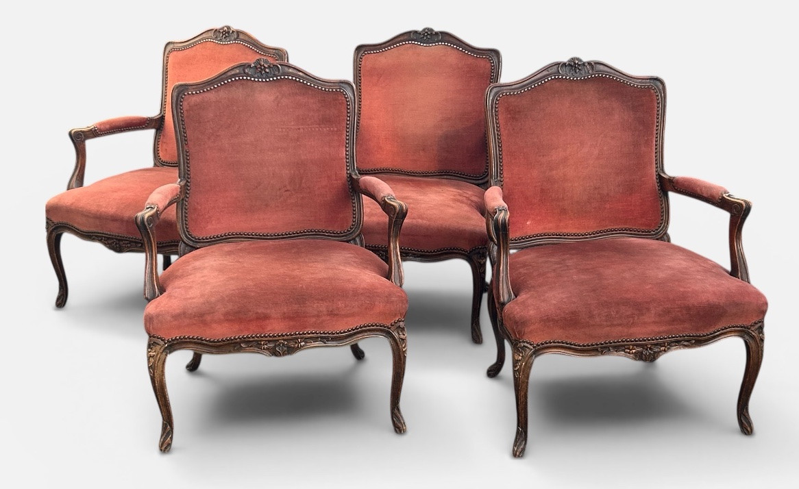 Suite Of Four Louis XV Style Flat-back Armchairs, Carved And Pegged Beech, Late 19th Century-photo-6