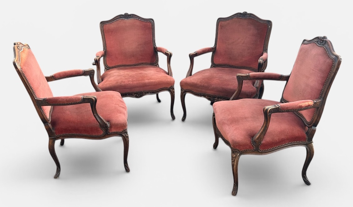 Suite Of Four Louis XV Style Flat-back Armchairs, Carved And Pegged Beech, Late 19th Century
