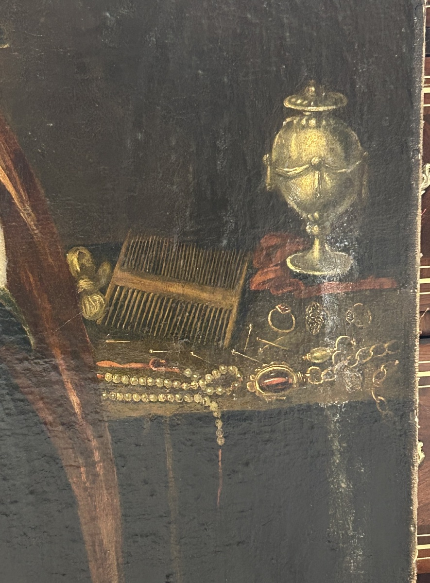 École Italienne vers 1700 portrait de femme à la toilette huile sur toile H 96 cm-photo-3