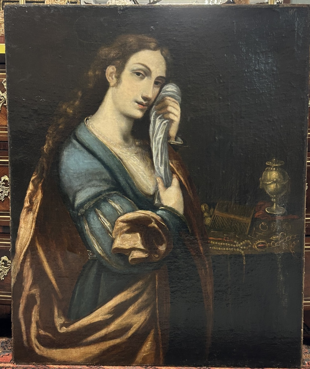 École Italienne vers 1700 portrait de femme à la toilette huile sur toile H 96 cm
