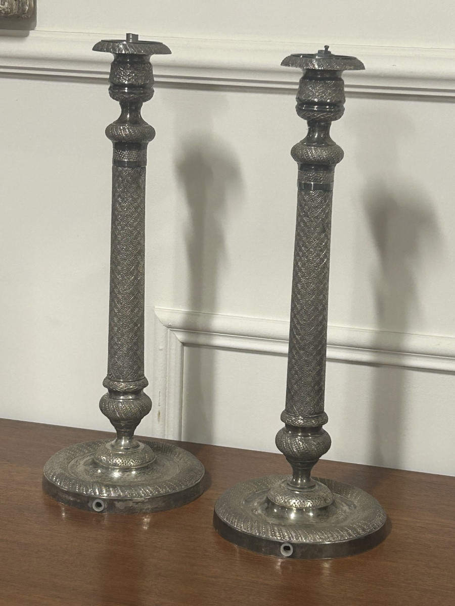 Large Pair Of Restauration-period Silver-plated Candlesticks, Circa 1840 H 36 Cm-photo-2