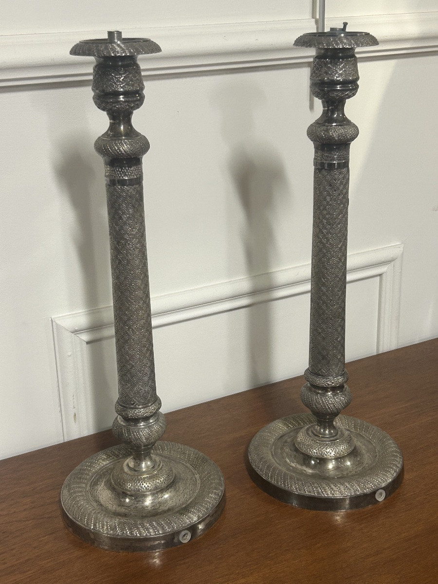 Large Pair Of Restauration-period Silver-plated Candlesticks, Circa 1840 H 36 Cm-photo-3