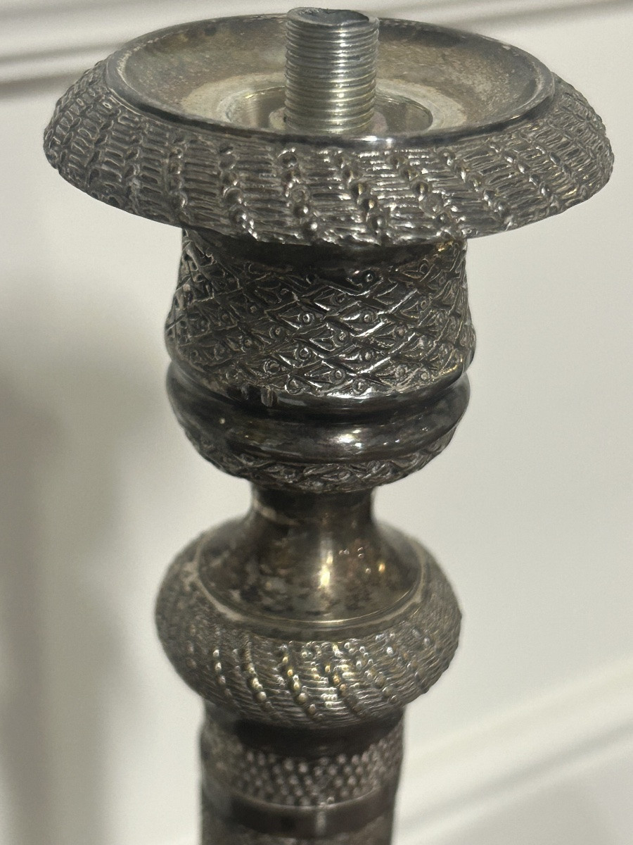 Large Pair Of Restauration-period Silver-plated Candlesticks, Circa 1840 H 36 Cm-photo-3