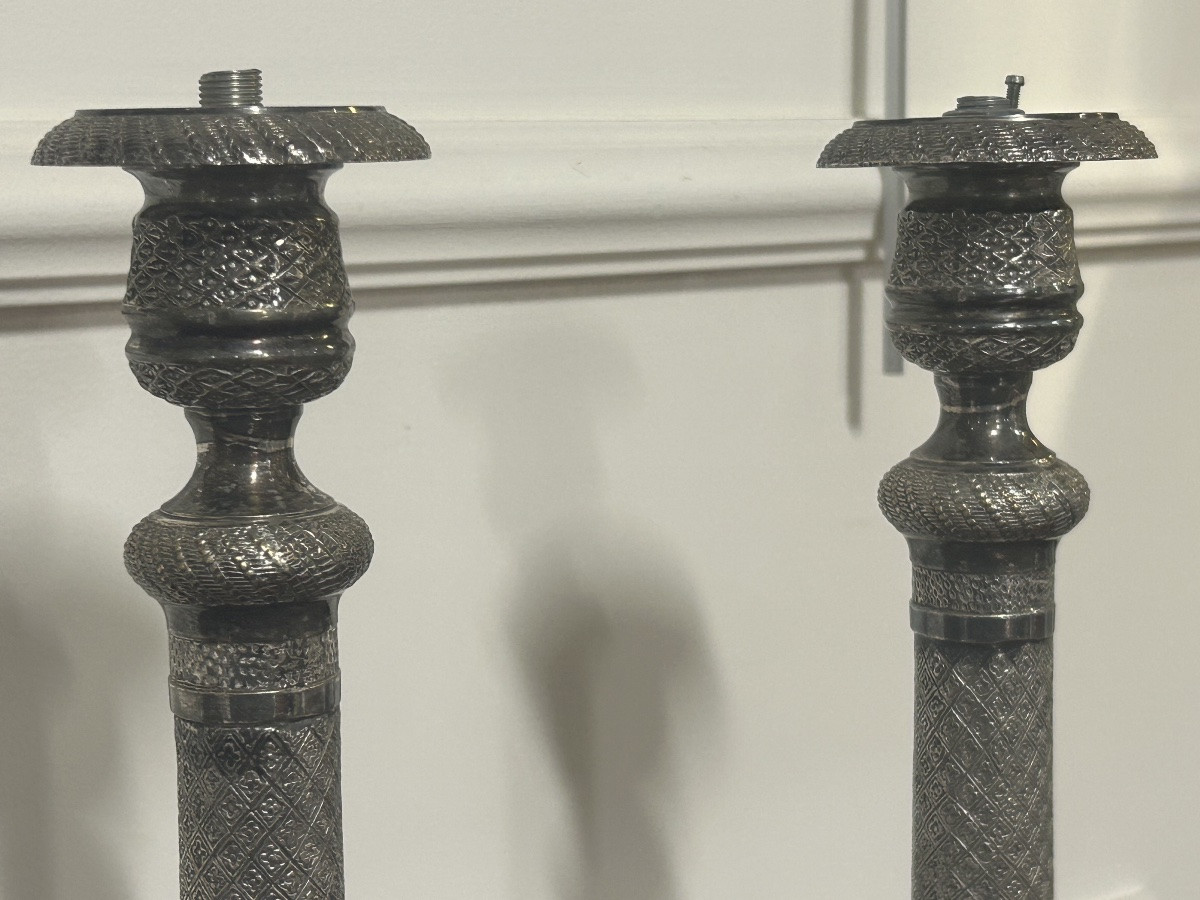 Large Pair Of Restauration-period Silver-plated Candlesticks, Circa 1840 H 36 Cm-photo-6