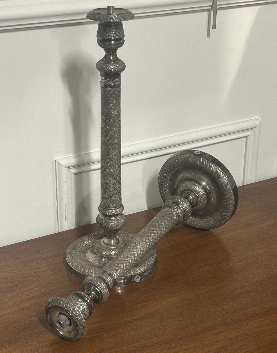 Large Pair Of Restauration-period Silver-plated Candlesticks, Circa 1840 H 36 Cm