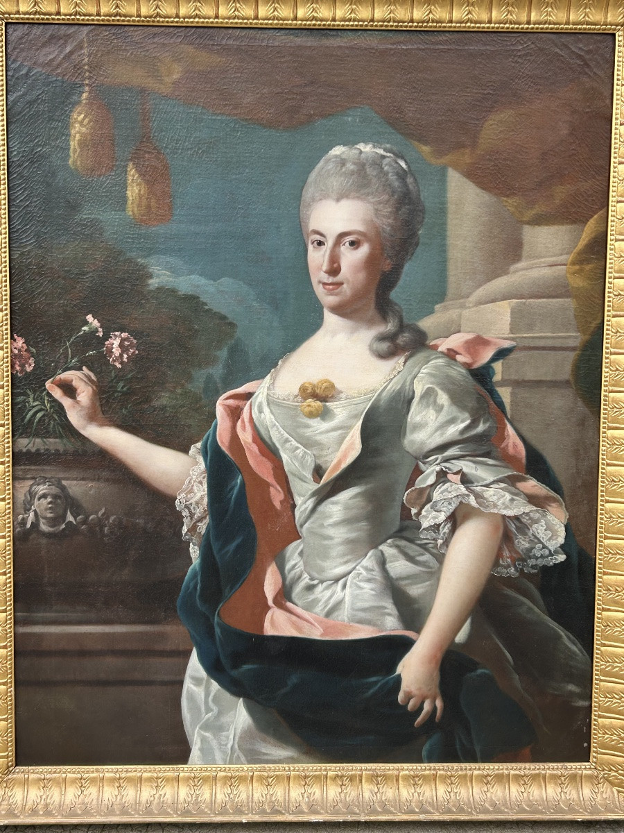 École Française fin XVII ou début XVIIIème portrait de femme au vase d’œillets Hauteur 144 cm-photo-2