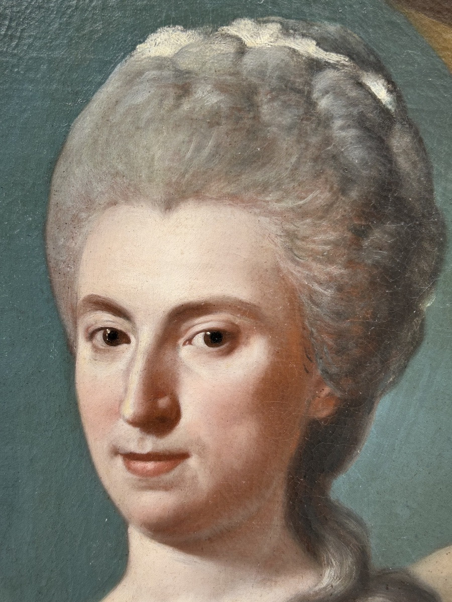 École Française fin XVII ou début XVIIIème portrait de femme au vase d’œillets Hauteur 144 cm-photo-4