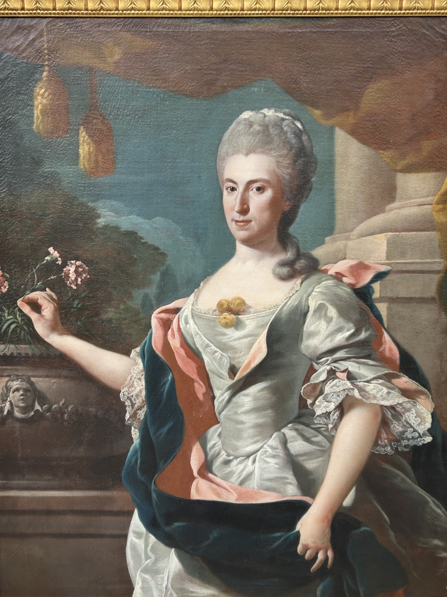 École Française fin XVII ou début XVIIIème portrait de femme au vase d’œillets Hauteur 144 cm-photo-3