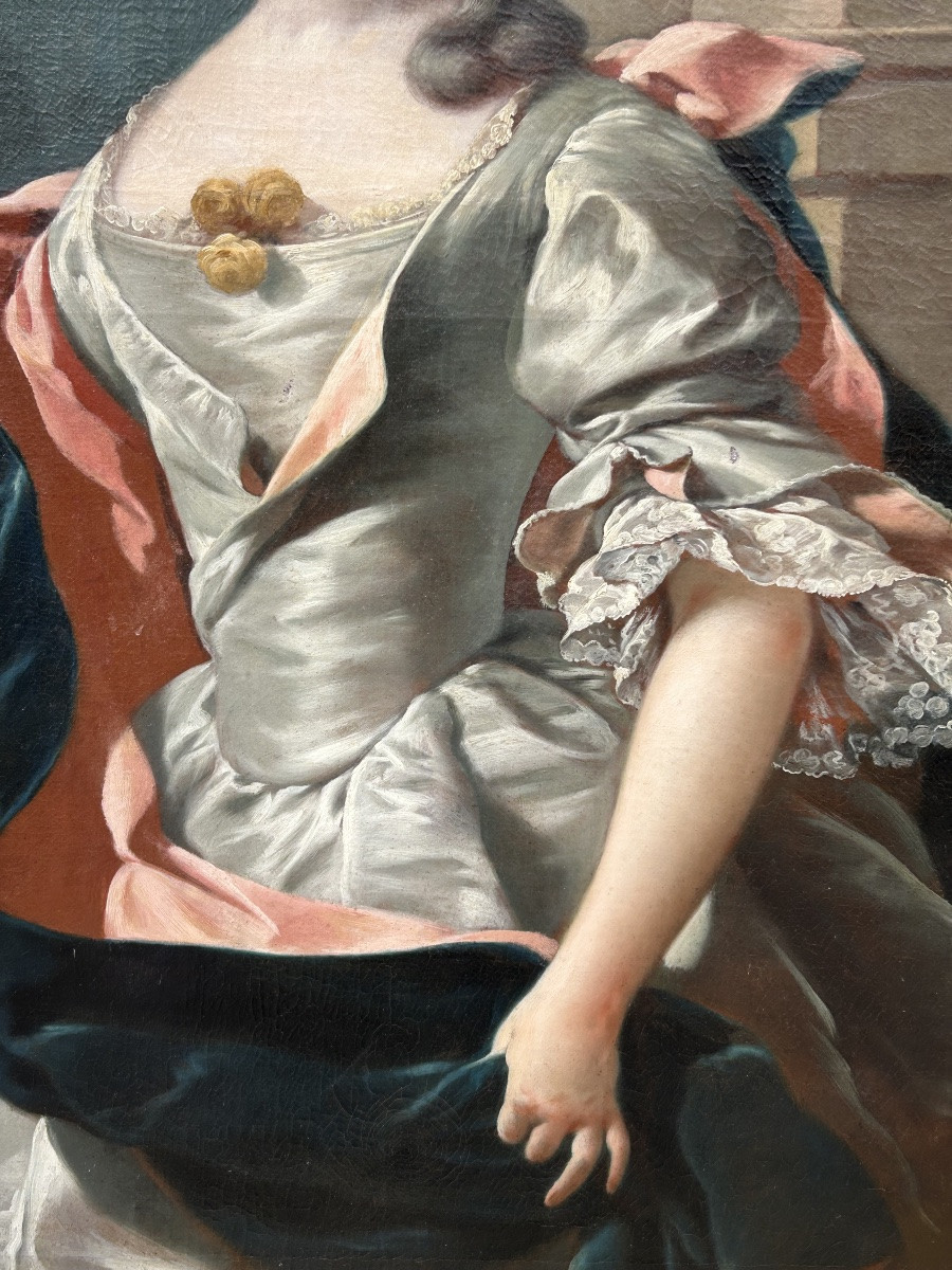 École Française fin XVII ou début XVIIIème portrait de femme au vase d’œillets Hauteur 144 cm-photo-5