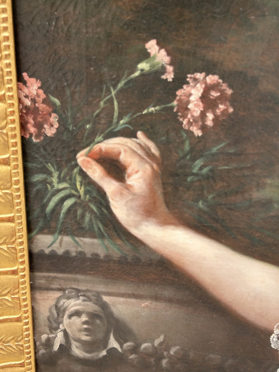 École Française fin XVII ou début XVIIIème portrait de femme au vase d’œillets Hauteur 144 cm-photo-6