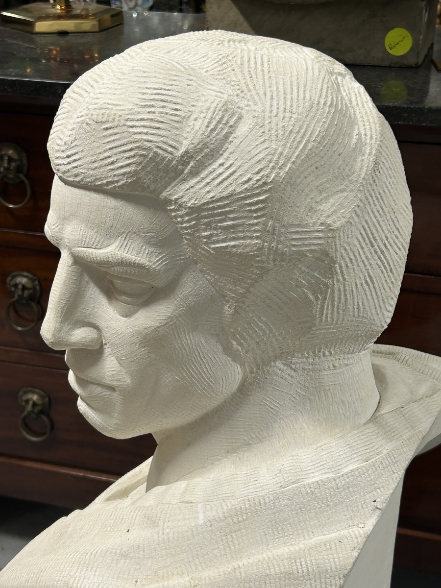 Large Roman Bust In Carved Stone Representing Brutus Circa 1940 - Rome - Antique H 88 Cm-photo-3