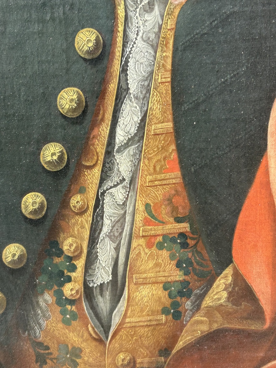 Eighteenth-century Portrait Of A Man With A Powdered Wig And Silk Vest Oil On Canvas-photo-6