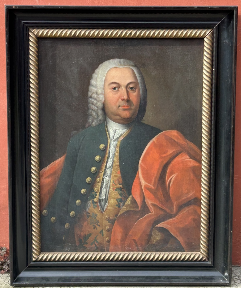 Eighteenth-century Portrait Of A Man With A Powdered Wig And Silk Vest Oil On Canvas
