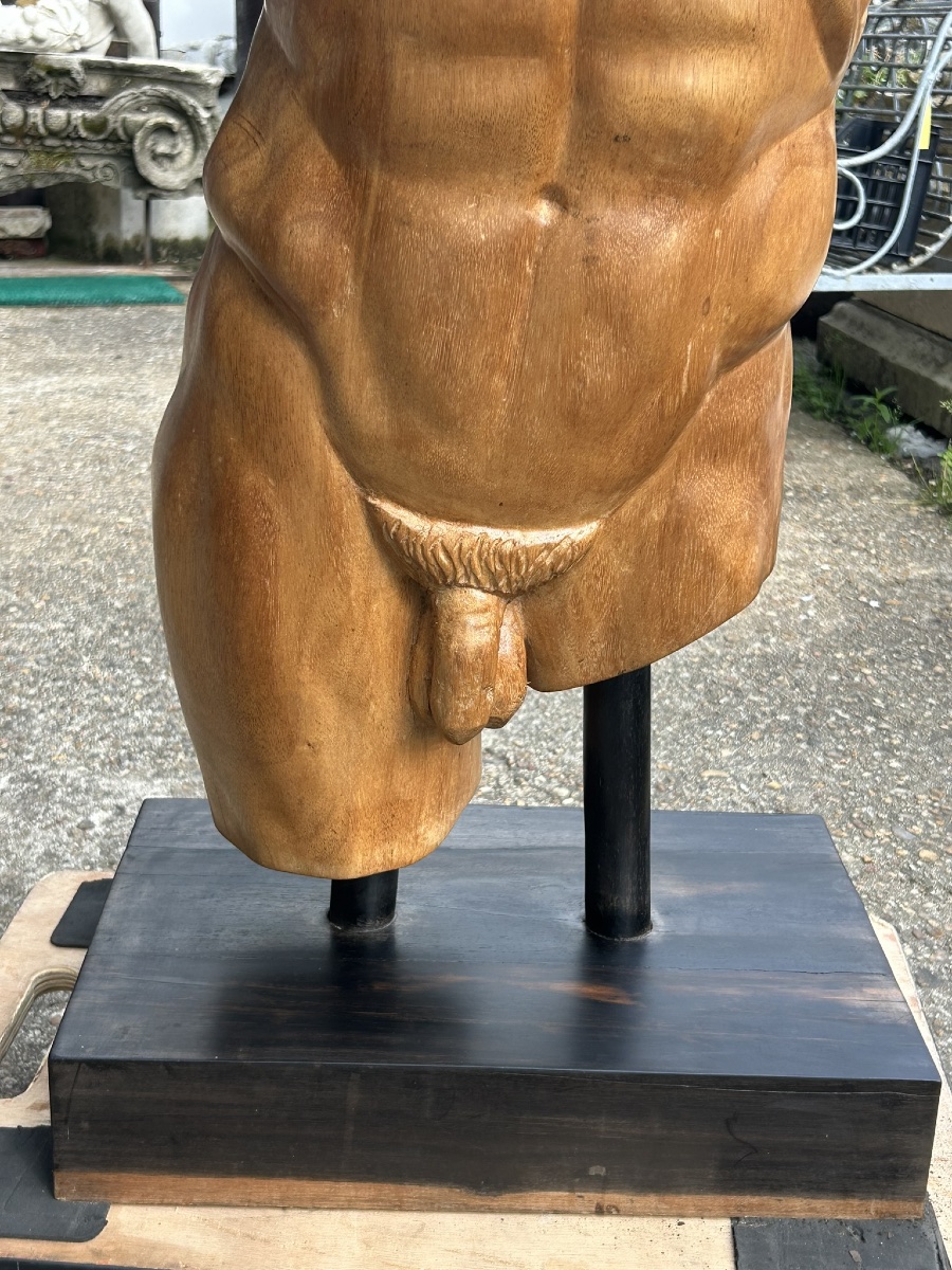 Grand torse buste en bois sculpté dans le goût de l’antique - taille direct vers 1960-70-photo-4