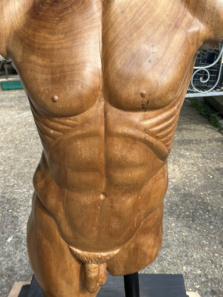 Grand torse buste en bois sculpté dans le goût de l’antique - taille direct vers 1960-70-photo-1