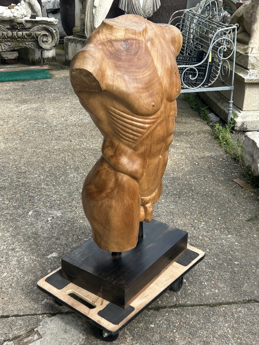 Grand torse buste en bois sculpté dans le goût de l’antique - taille direct vers 1960-70-photo-2