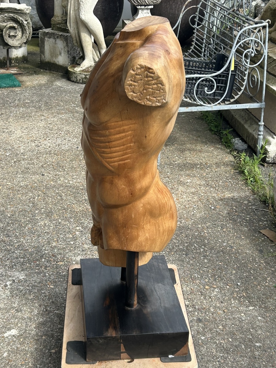 Grand torse buste en bois sculpté dans le goût de l’antique - taille direct vers 1960-70-photo-5